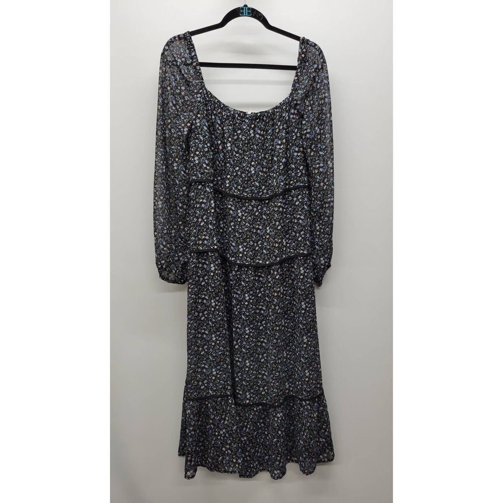 Floret Studio Women's Floral A Line Midi Dress Long Sleeve Black Blue Size Large